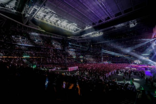 Hundreds of people during a concert by the group Aventura at the Santiago Bernabeu Stadium, on September 7 in Madrid, Spain. The music group...