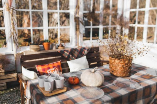 hygge home terrace with decorated table for tea time. - garden decoration stock pictures, royalty-free photos & images