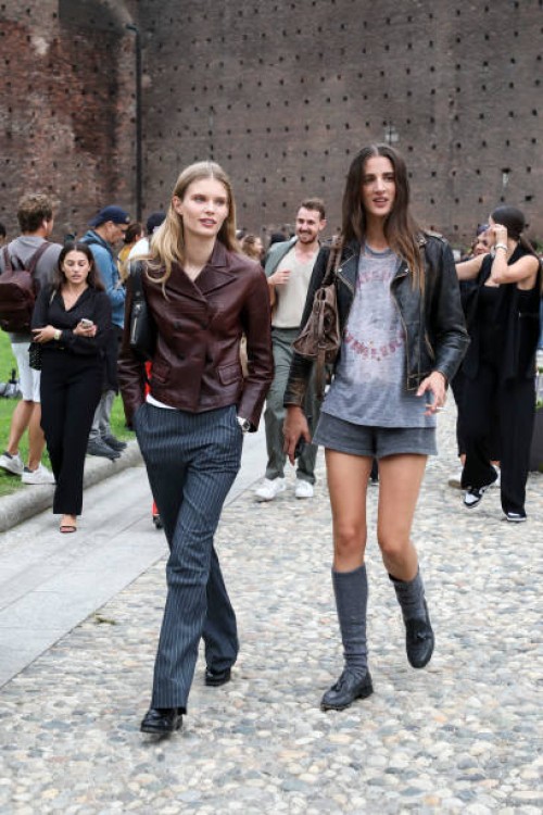 Ida Heiner and one model at Milan Fashion Week Women's Collection SS 2024 after the Alberta Ferretti fashion show September 20, 2023 in Milan, Italy.