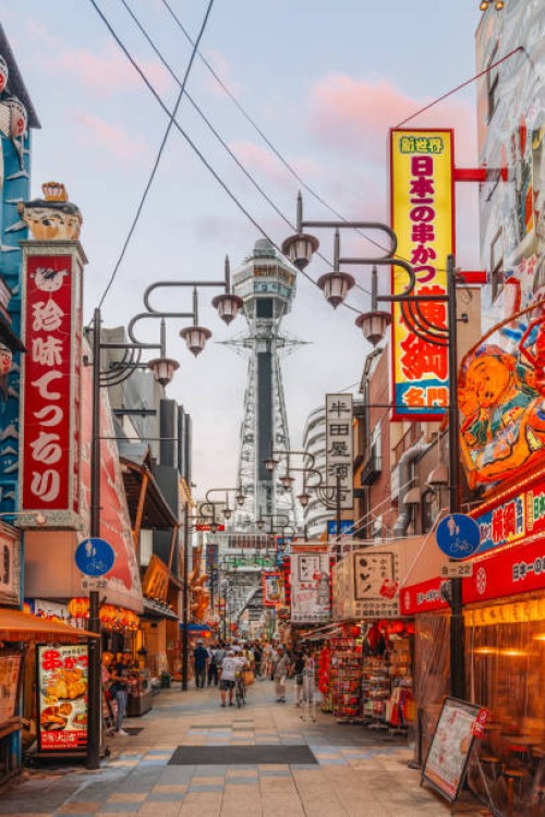 illuminated neon signs at sunset in osaka city center - food stock pictures, royalty-free photos & images