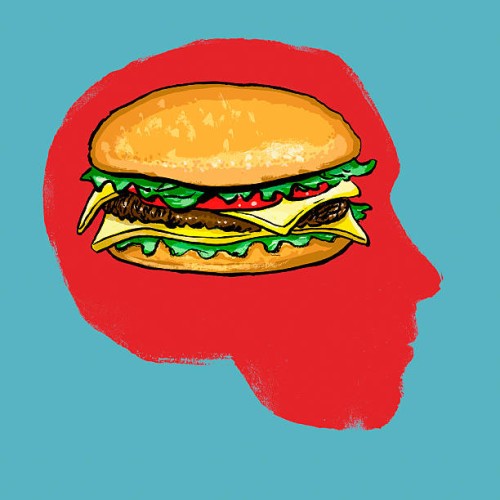 illustration of burger in human head against blue background - junk food stock illustrations