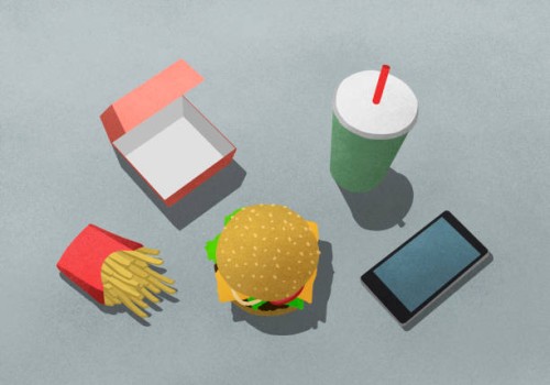illustration of fast food with drink and mobile phone against gray background - junk food stockfoto's en -beelden