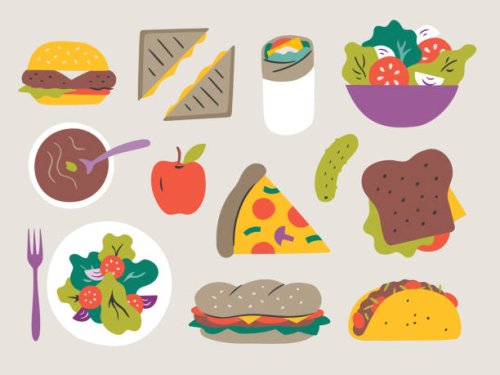 illustration of fresh lunch entrees — hand-drawn vector elements - food stock illustrations