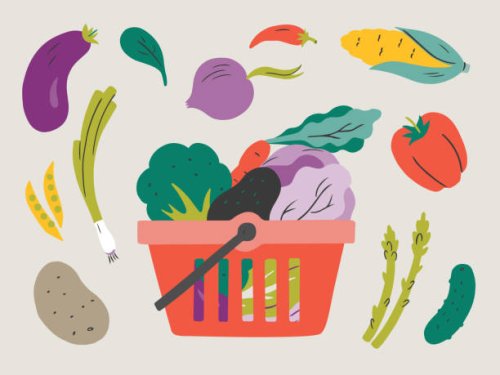 illustration of fresh vegetables in shopping basket — hand-drawn vector elements - food stock illustrations