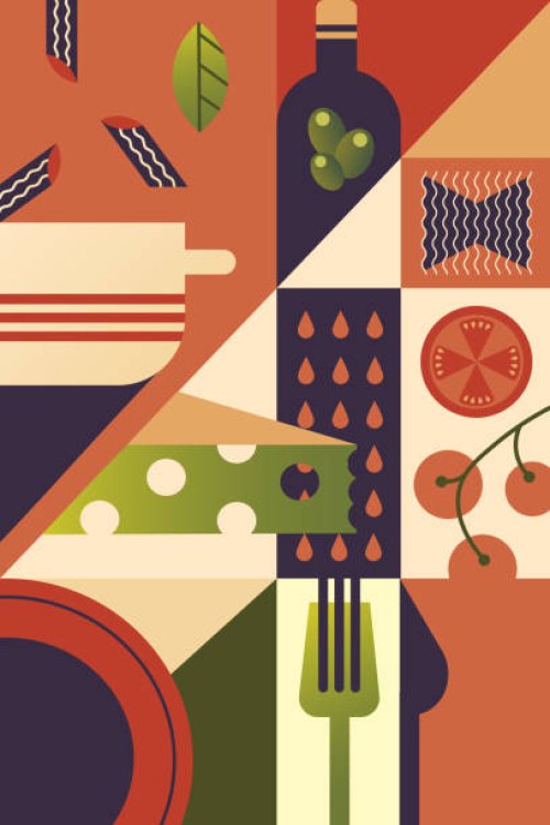illustration of pasta dish preparation. wine, dining table - food stock illustrations