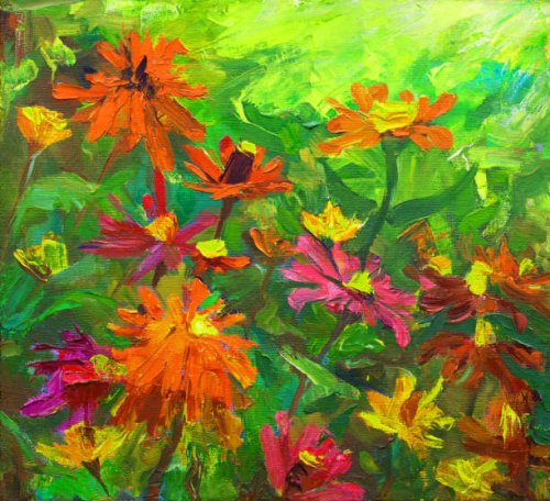 illustration oil painting landscape flowers zinnia graceful on a bed of plants among other flower buds of leaf stalks - garden decoration stock illustrations