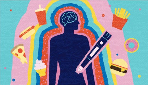 impact of semaglutide therapy on weight loss and unhealthy eating habits abstract concept with human silhouette, injection pen and fast food elements - junk food stock illustrations