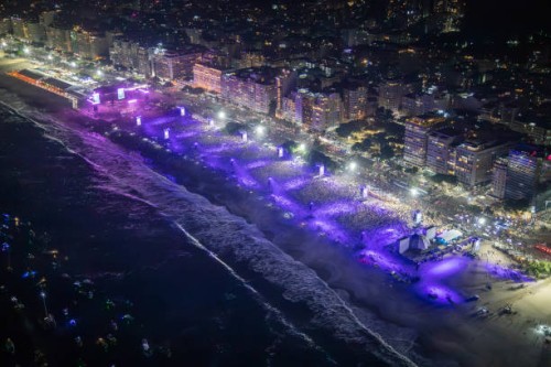 In this handout image, aerial view of Copacabana Beach packed by concertgoers during Madonna's massive free show to close "The Celebration Tour" on...