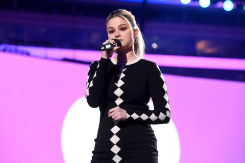 In this image released on May 2, Selena Gomez speaks onstage during Global Citizen VAX LIVE: The Concert To Reunite The World at SoFi Stadium in...