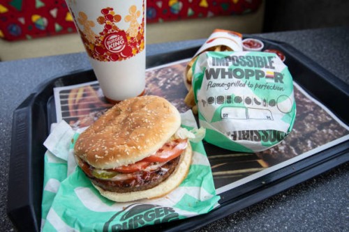 In this photo illustration, the new Impossible Whopper sits on a table at a Burger King restaurant on August 8, 2019 in the Brooklyn borough of New...