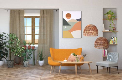 indoors mid-century house nearby wheat field - home decoration stock pictures, royalty-free photos & images