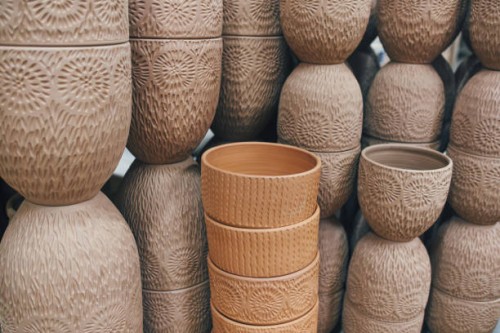 industrial production of clay pots for flowers and interior. - garden decoration stock pictures, royalty-free photos & images