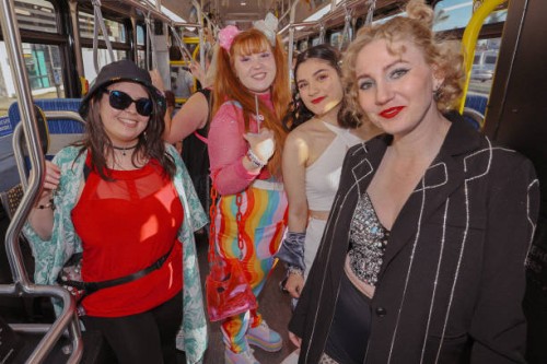 Inglewood, CA A bus load of Swifties ride a free shuttle bus from the Metro C Line Station to SoFi stadium to see Taylor Swift perform her first of...