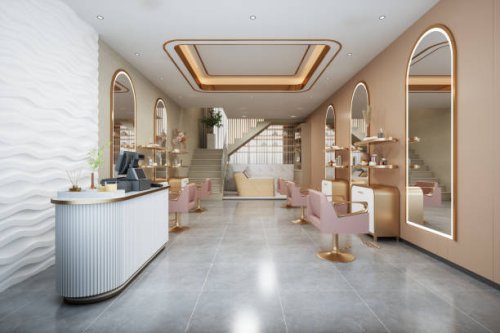 interieur von luxus-friseur und schönheitssalon mit rosa stühlen, spiegeln, fliesenboden und kasse - hairstyle stock-fotos und bilder