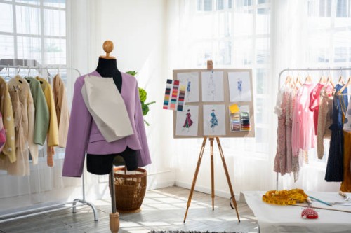 interior of a tailor shop featuring a sewing machine, coat hangers for the clothes - fashion stock pictures, royalty-free photos & images
