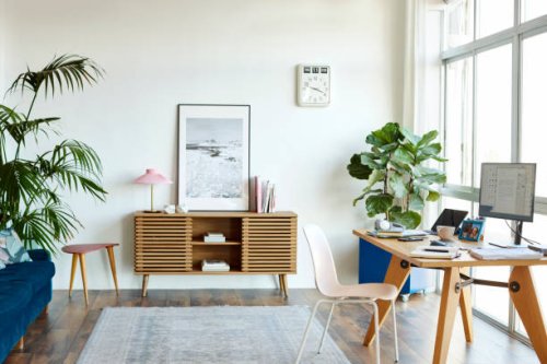 interior of home office with computer at table - home decoration stock pictures, royalty-free photos & images