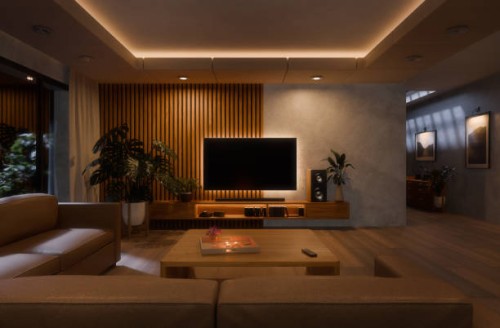 interior of living room at night with illuminated tv and ceiling - home decoration stock pictures, royalty-free photos & images