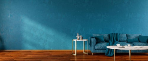 interior of living room with blue sofa panorama - home decoration stock pictures, royalty-free photos & images