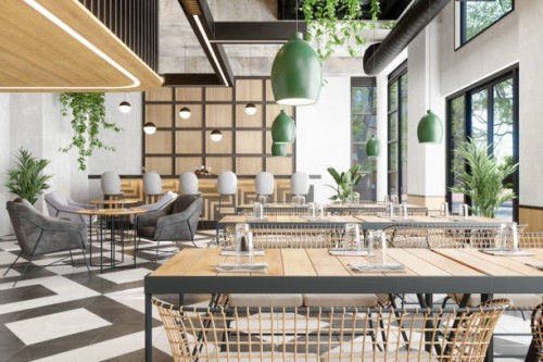 interior of luxury cafe with bar counter, plants and tables - home decoration stock pictures, royalty-free photos & images