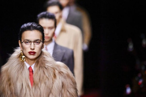 Irina Shayk walks the runway during the Ferrari Ready to Wear Fall/Winter 2025-2026 fashion show as part of the Milan Fashion Week on March 1, 2025...