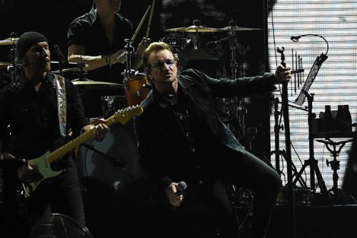 Irish rock band U2 singer Bono performs during a concert at the D.Y. Patil stadium in Navi Mumbai on December 15, 2019.