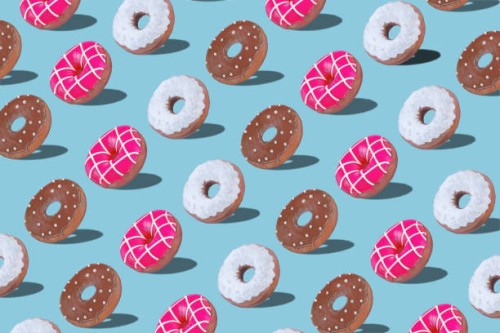 isometric repeated pattern of glazed donuts with shadows on light blue background. doughnuts balance - junk food stock pictures, royalty-free photos & images