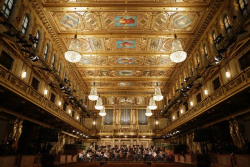 Italian conductor Riccardo Muti conducts the Vienna Philharmonic during a rehearsal for the New Year's Concert 2025 in the Golden Hall at...