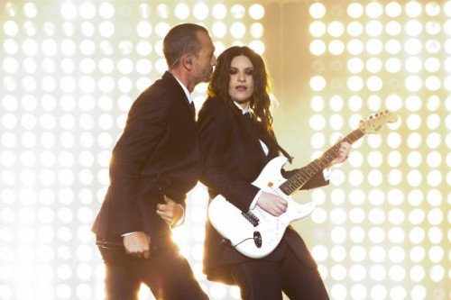 Italian singer Laura Pausini and Biagio Antonacci during Laura Biagio Stadi 2019 tour at Stadio Olimpico. Rome, June 29th, 2019