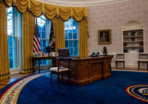 January 20: A view of the Resolute desk seen during an early preview of the redesigned Oval Office awaiting President Joseph Biden at the White House...