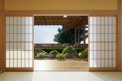japanese style empty room interior with garden view background - home decoration stock pictures, royalty-free photos & images