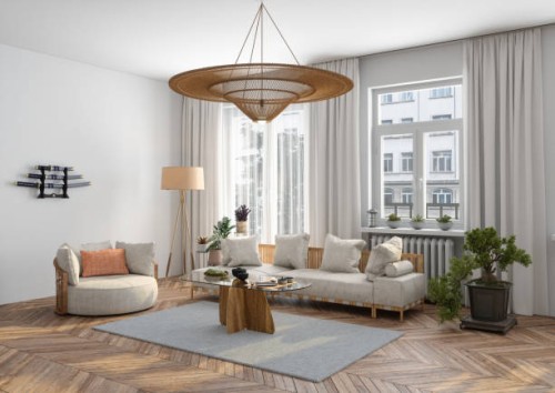 japanese style living room interior with sofa, armchair, coffee table and houseplants - home decoration stock pictures, royalty-free photos & images