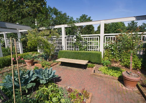 jardin potager avec patio et lits, ornement floral jardin des plantes - garden decoration photos et images de collection