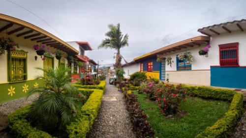 jerico, antioquia, colombia - april 5 2022: beautiful gardens with bushes and flowers in colonial street with colourful houses and palm tree in the background - garden decoration stock pictures, royalty-free photos & images