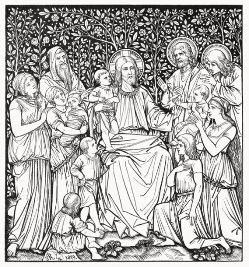 jesus blesses the children, wood engraving, published in 1894 - garden decoration stock illustrations