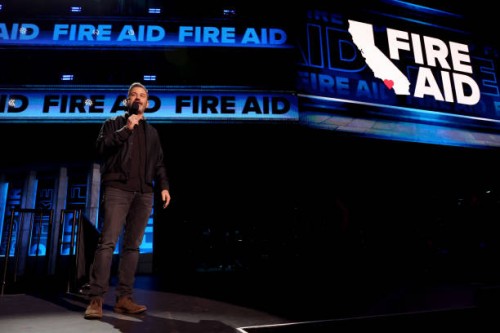 Jimmy Kimmel speaks onstage during the FIREAID Benefit Concert for California Fire Relief at Intuit Dome on January 30, 2025 in Inglewood, California.