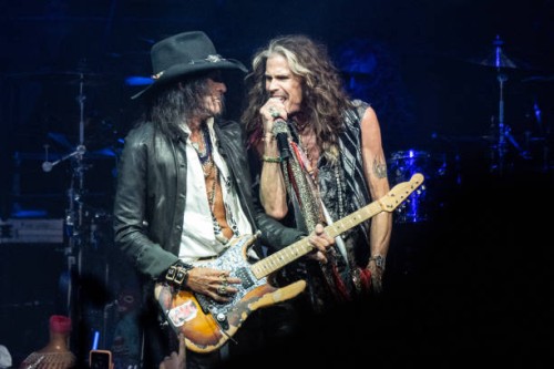 Joe Perry and Steven Tyler of Aerosmith perform live on stage at the Wells Fargo Center on September 02, 2023 in Philadelphia, Pennsylvania.