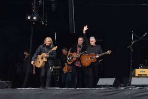 Joe Walsh, Vince Gill and Don Henley of the Eagles enter on stage at Murrayfield on June 22, 2022 in Edinburgh, Scotland.