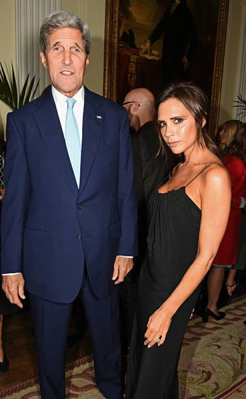John Kerry, United States Secretary of State, and Victoria Beckham attend the London Fashion Week party hosted by Ambassador Matthew Barzun and Mrs...