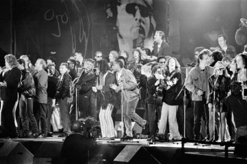 John Lennon Memorial Concert held at Pier Head, Liverpool. Group of performers on stage, including Sean Lennon, Terence Trent D'Arby , Joe Cocker,...