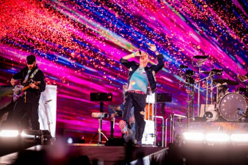 Jonny Buckland and Chris Martin of the group Coldplay Performs at Stadio Olimpico on July 12, 2024 in Rome, Italy.
