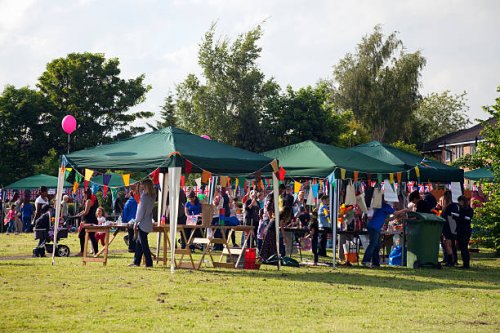 jubilee party, gazebos, flags and bunting - garden decoration stock pictures, royalty-free photos & images
