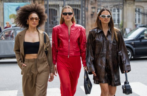 Julia Dalia wears brown blazer, pants, black top & Alessa Winter wears red leather jacket, transparent skirt, black YSL bag, sunglasses & Anna Winter...