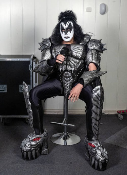 June 2022, North Rhine-Westphalia, Dortmund: Gene Simmons of the U.S. Hard rock band Kiss backstage speaks during the dpa interview before KISS'...