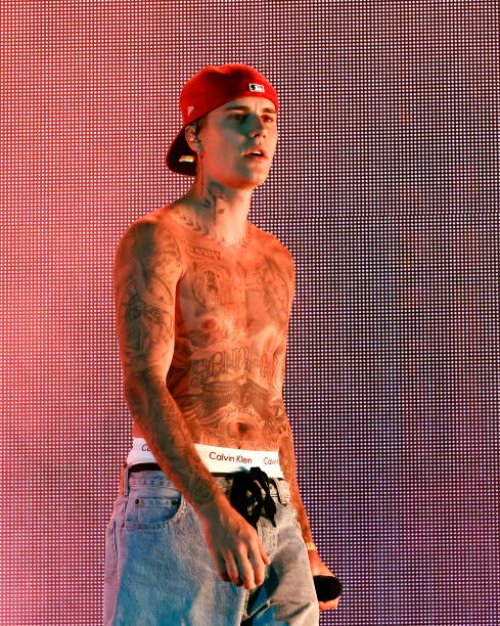 Justin Bieber performs with Daniel Caesar onstage at the Coachella Stage during the 2022 Coachella Valley Music And Arts Festival on April 15, 2022...