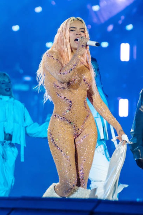 Karol G performs during a concert at Sultanes stadium on February 16, 2024 in Monterrey, Mexico.
