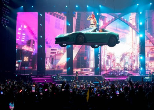 Karol G performs on stage during her "$trip Love" Tour at Rogers Arena on October 29, 2022 in Vancouver, British Columbia.