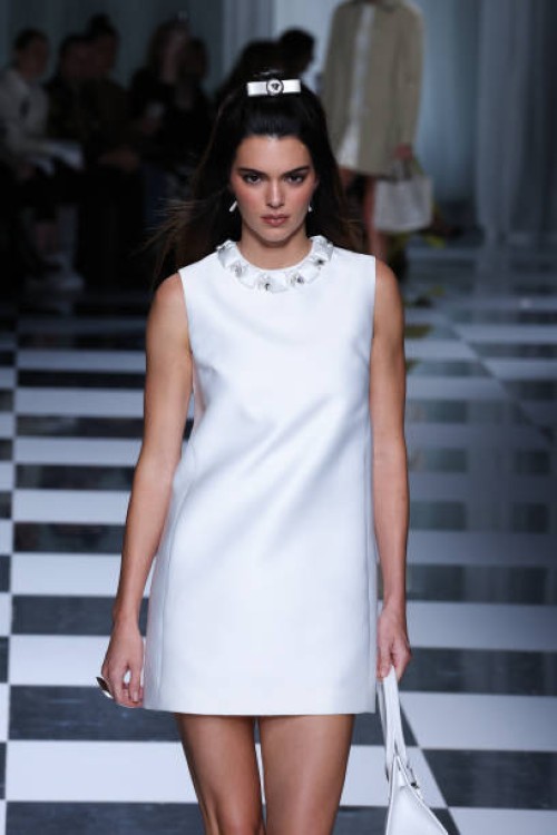 Kendall Jenner walks the runway at the Versace fashion show during the Milan Fashion Week Womenswear Spring/Summer 2024 on September 22, 2023 in...