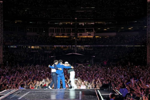 Kevin Jonas, Joe Jonas, and Nick Jonas perform onstage during Jonas Brothers “Five Albums, One Night” Tour - New York at Yankee Stadium on August 13,...