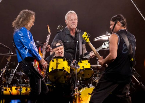 Kirk Hammett, Lars Ulrich, James Hetfield and Robert Trujillo of Metallica perform at Ford Field on November 12, 2023 in Detroit, Michigan.