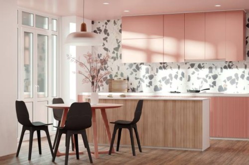 kitchen interior design in modern style with terazzo wall and pink cabinets - home decoration stock pictures, royalty-free photos & images
